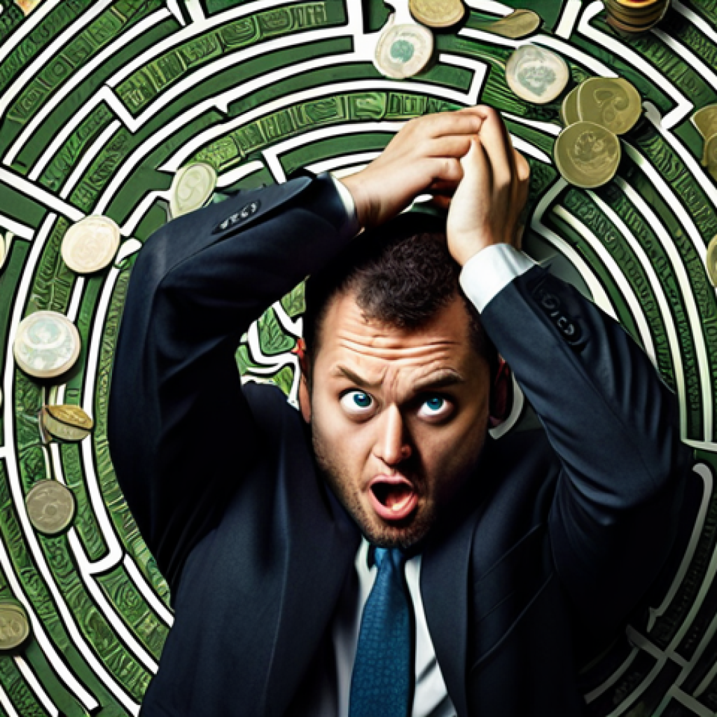 **Prompt:** A chaotic maze of currency symbols ($ ¥ € £) with a frustrated investor at the center, scratching their head. Dark, complex, and confusing. Emphasize the difficulty of navigating currency fluctuations. The style should be slightly surreal and exaggerated.