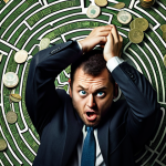 **Prompt:** A chaotic maze of currency symbols ($ ¥ € £) with a frustrated investor at the center, scratching their head. Dark, complex, and confusing. Emphasize the difficulty of navigating currency fluctuations. The style should be slightly surreal and exaggerated.