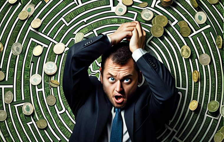 **Prompt:** A chaotic maze of currency symbols ($ ¥ € £) with a frustrated investor at the center, scratching their head. Dark, complex, and confusing. Emphasize the difficulty of navigating currency fluctuations. The style should be slightly surreal and exaggerated.