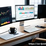 ETF 투자자의 FAQ  가장 많이 묻는 질문 - A modern financial advisor’s workspace with multiple computer screens displaying colorful ETF charts...