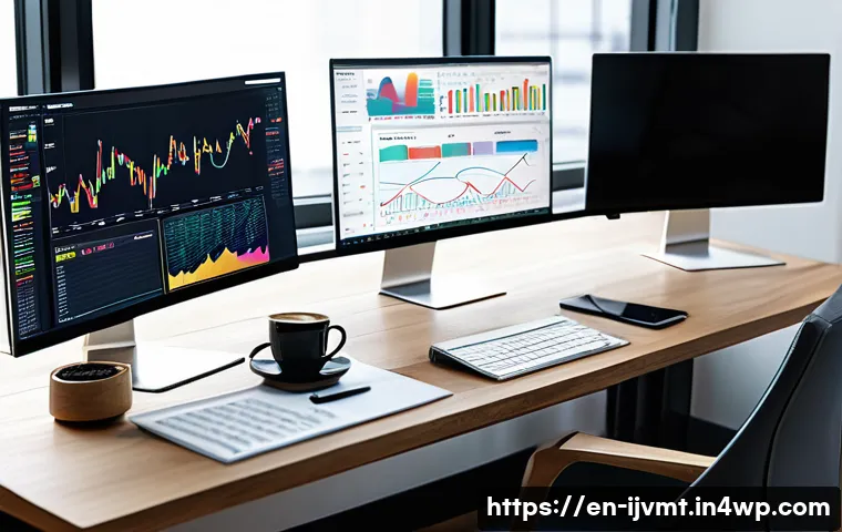 ETF 투자자의 FAQ  가장 많이 묻는 질문 - A modern financial advisor’s workspace with multiple computer screens displaying colorful ETF charts...