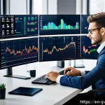 ETF 단기 거래 전략 - A modern trading desk setup featuring multiple high-resolution monitors displaying real-time ETF cha...