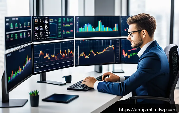 ETF 단기 거래 전략 - A modern trading desk setup featuring multiple high-resolution monitors displaying real-time ETF cha...