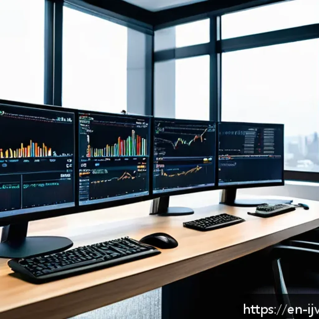 ETF의 기술적 분석 기법 - A sophisticated financial analyst workspace featuring multiple high-resolution computer monitors dis...