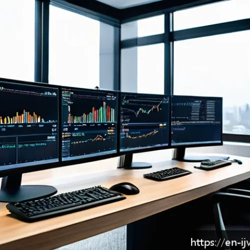 ETF의 기술적 분석 기법 - A sophisticated financial analyst workspace featuring multiple high-resolution computer monitors dis...