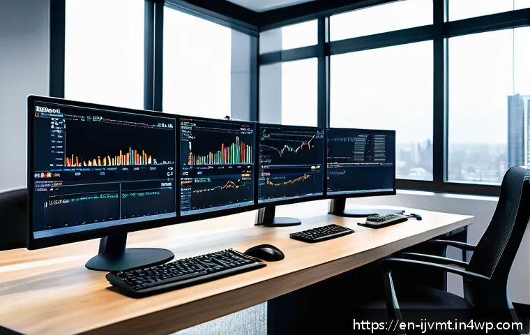 ETF의 기술적 분석 기법 - A sophisticated financial analyst workspace featuring multiple high-resolution computer monitors dis...