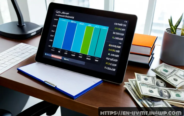 ETF와 경제 지표의 관계 - Photorealistic financial advisor’s desk in a modern American office, a middle-aged professional stud...