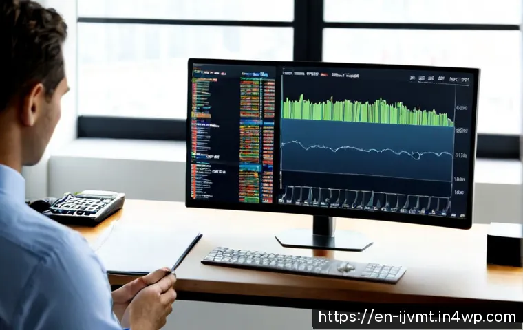 ETF의 유동성과 거래량 분석 - Photorealistic financial analyst at a clean modern desk studying a large desktop monitor with abstra...